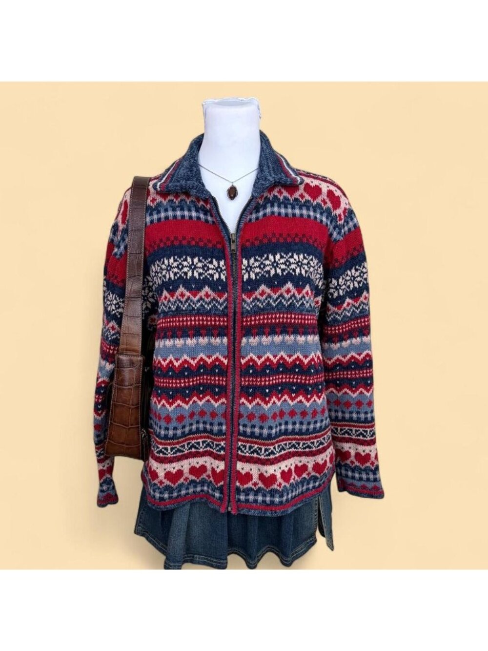 90s striped heart whimsical cottagecore zip cardigan